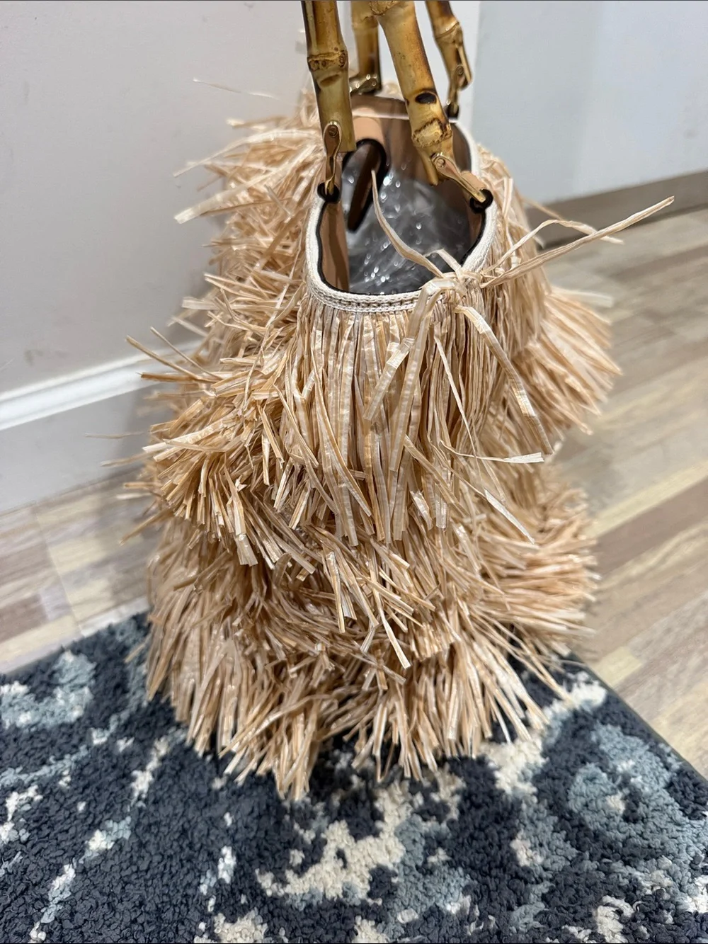Frances Valentine Hula Fringe Raffia Bamboo Handle Tote Bag